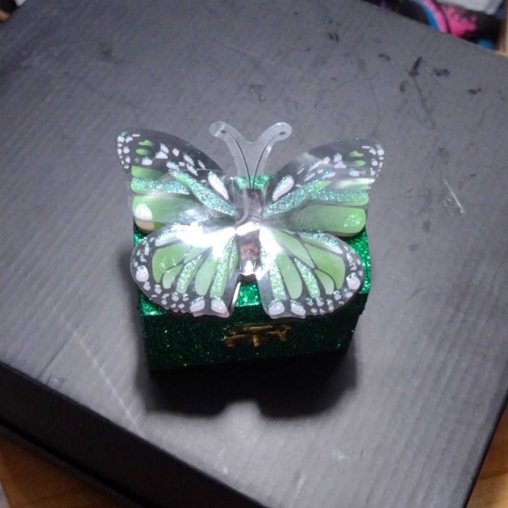 Beautiful green butterfly money box with crystals inside and green sand